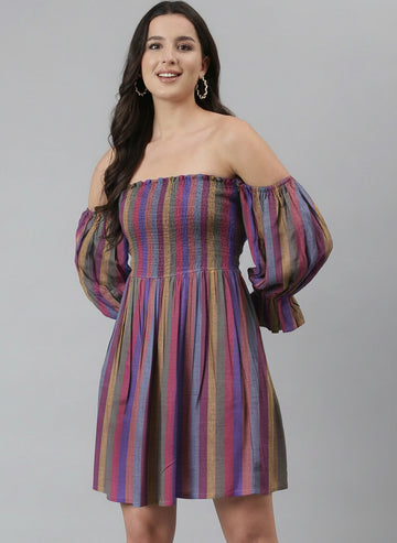 Off Shoulder Multicolor Stripes Short Length Dress