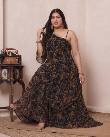 Black Chiffon Paisley Print One Shoulder Tunic With Palazzo Plus Size Indo Western Women Co-ord Set