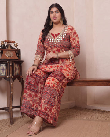 Maroon Patch Printed Pure Chiffon Lurex Indo Western Women Plus Size Co-ord Set