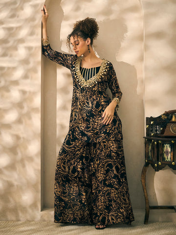 Black And Beige Printed Chiffon Deep Neck Kurta With Palazzo And Bustier Indo Western Women 3 Piece Set