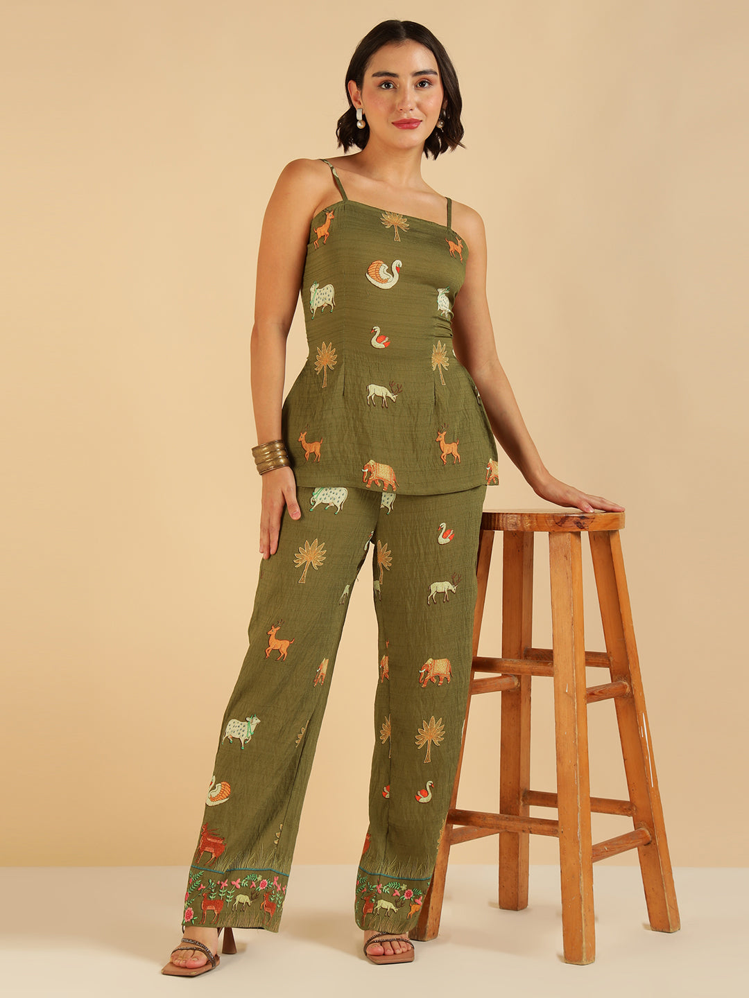 Olive Green Animal Border Printed Top & Pant Women Co-Ord Set