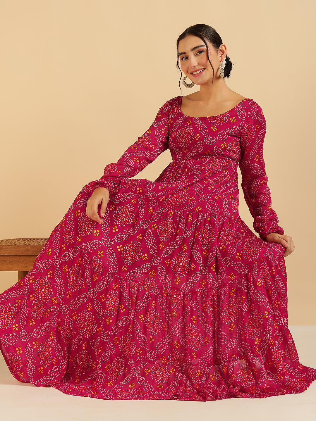 Magenta Bandhani Printed Women Ethnic Tiered Maxi Kurta For Women