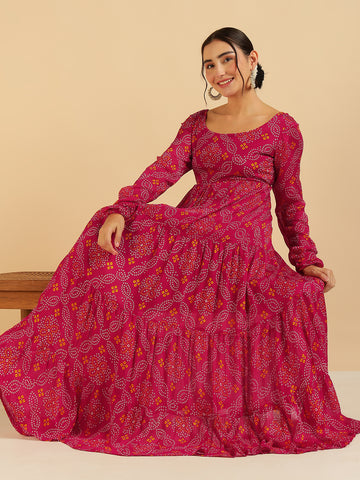 Magenta Bandhani Printed Women Ethnic Tiered Maxi Kurta For Women