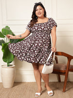 Wine Printed Squared Necked With Tiered Women Plus Size Dress