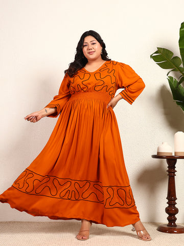 Tan Brown Rayon Solid Embroidered A-Line Smocked Womens Plus Size Dress