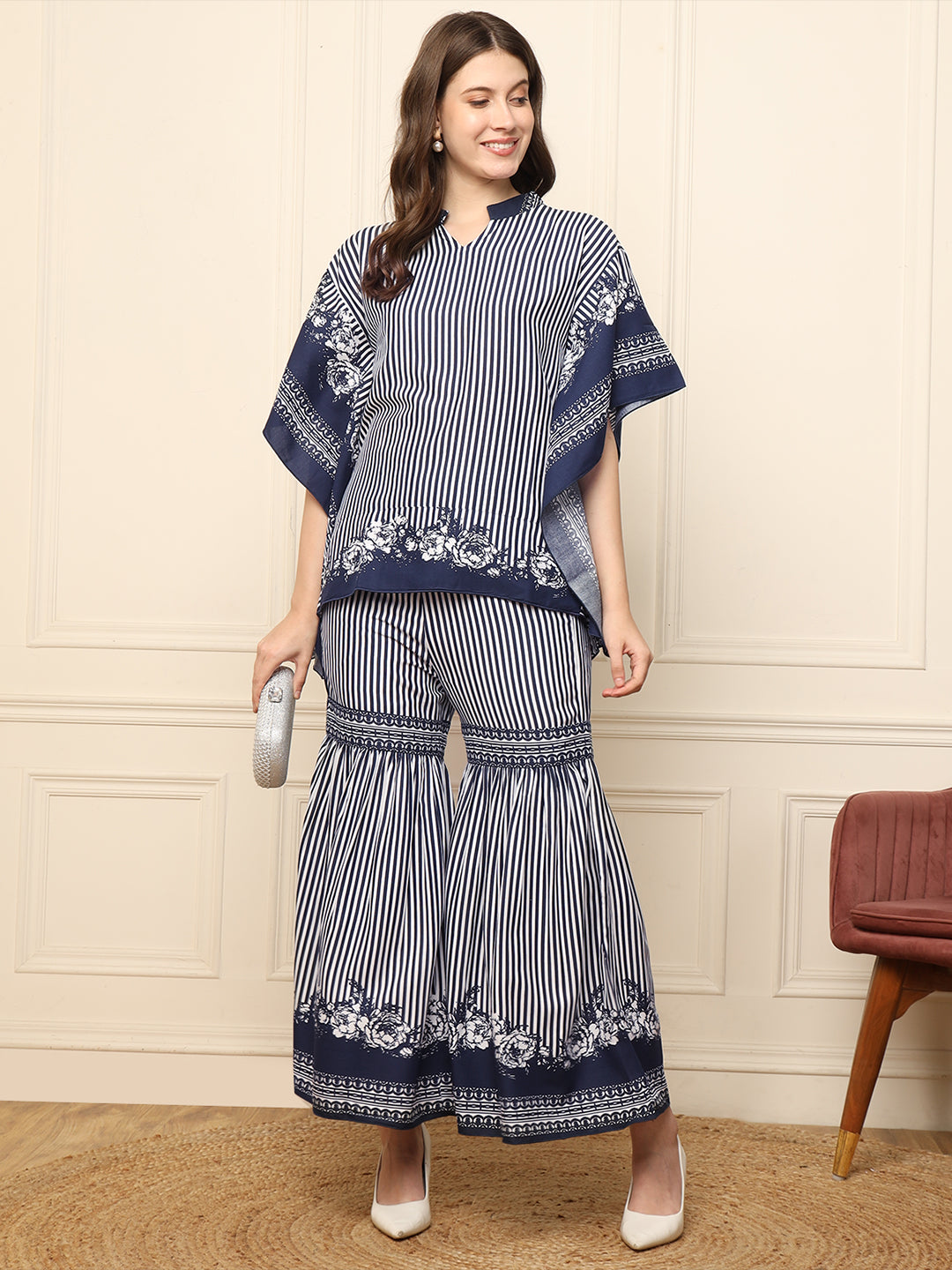 Blue Stripe Kaftan With Sharara Women Co-Ord Set