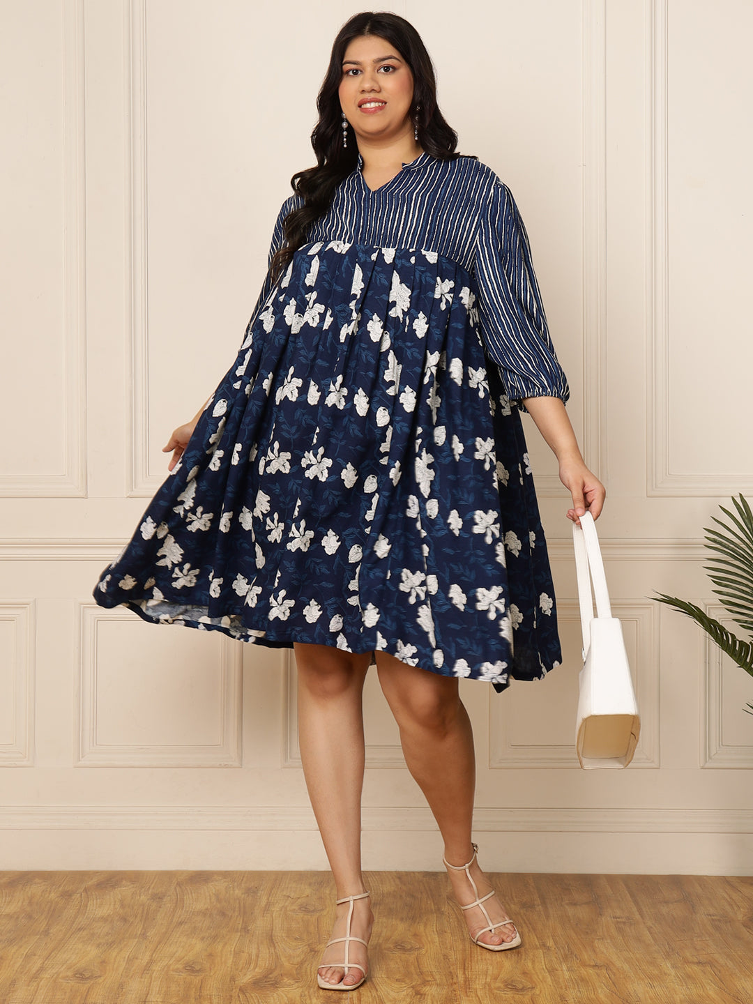 Women's Plus Size Blue Striped with Floral Printed Knee Length Dress