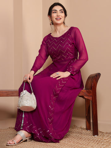 Magenta Sequence Embroidered Long Slit Kurta With Sharara Women's Co-Ord Set