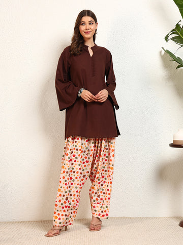 Brown Cotton Flex Solid With Star Print Kurta With Salwar Pant Women Co-Ord Set