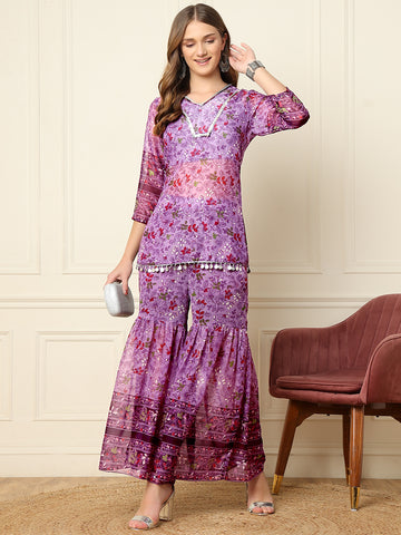 Lavender Floral Kurti With Sharara Indo Western Women Co-Ord Sets