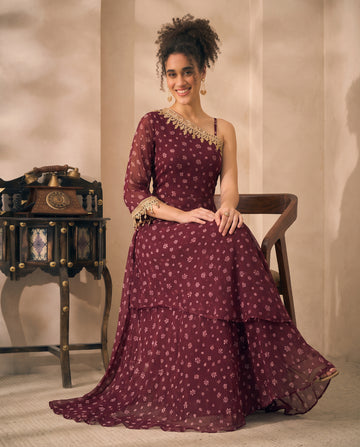 Wine Floral Printed Georgette Butta One Shoulder Tunic & Palazzo Indo Western Women Co-ord Set