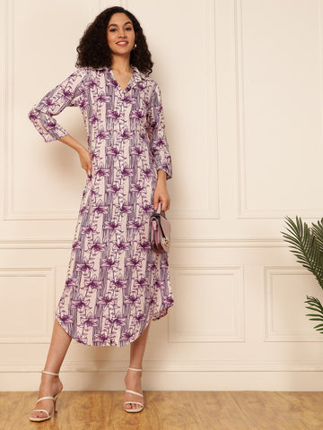 Purple Floral Women Shirt Dress