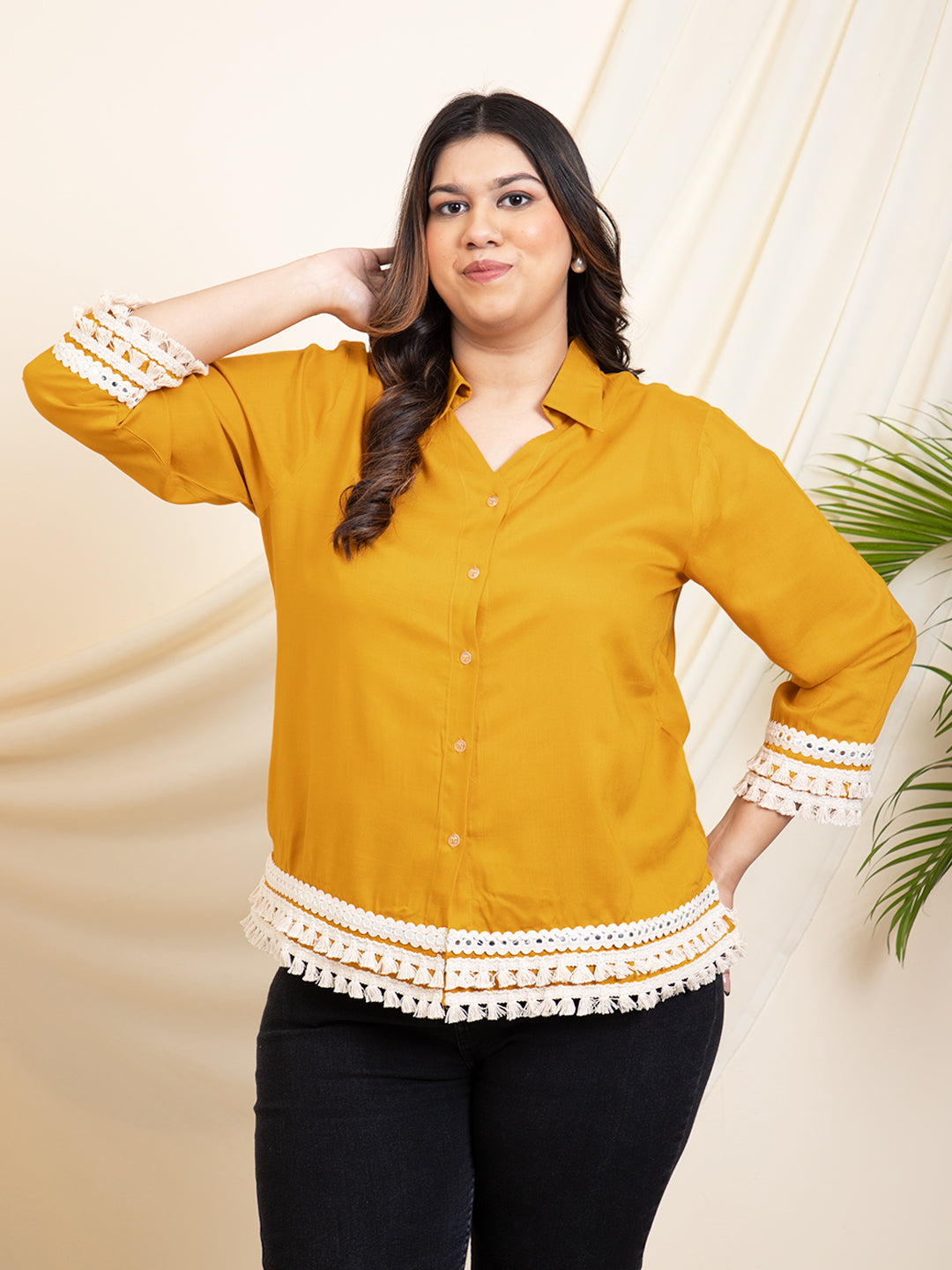 Lace Detailed Mustard Women Plus Size Shirt