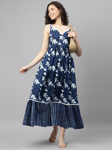 Navy Blue Floral Women Flared Dress