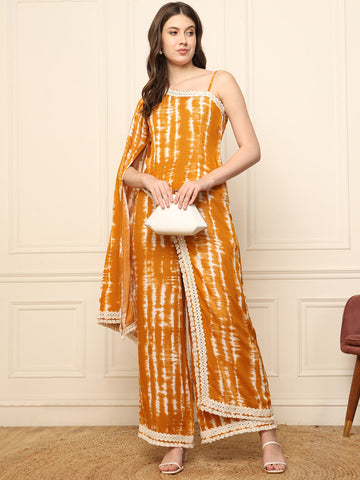 Mustard Tie Dye Asymmetric Cut With Long Bell Sleeve Ethnic Indo Western Co-Ord Set