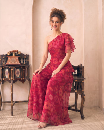 Magenta Floral Print Chiffon One Shoulder Top With Palazzo Indo Western Women 3 Piece Set