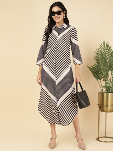 Black Multi Striped Women Shirt Dress