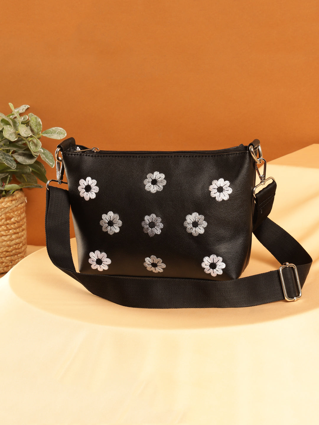 Embroidered Floral Black Sling Bag