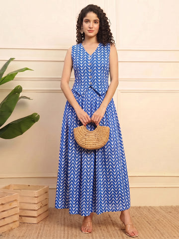 Blue Zig Zag Printed Poly Blend Waistcoat With Skirt Women's Co-Ord Set