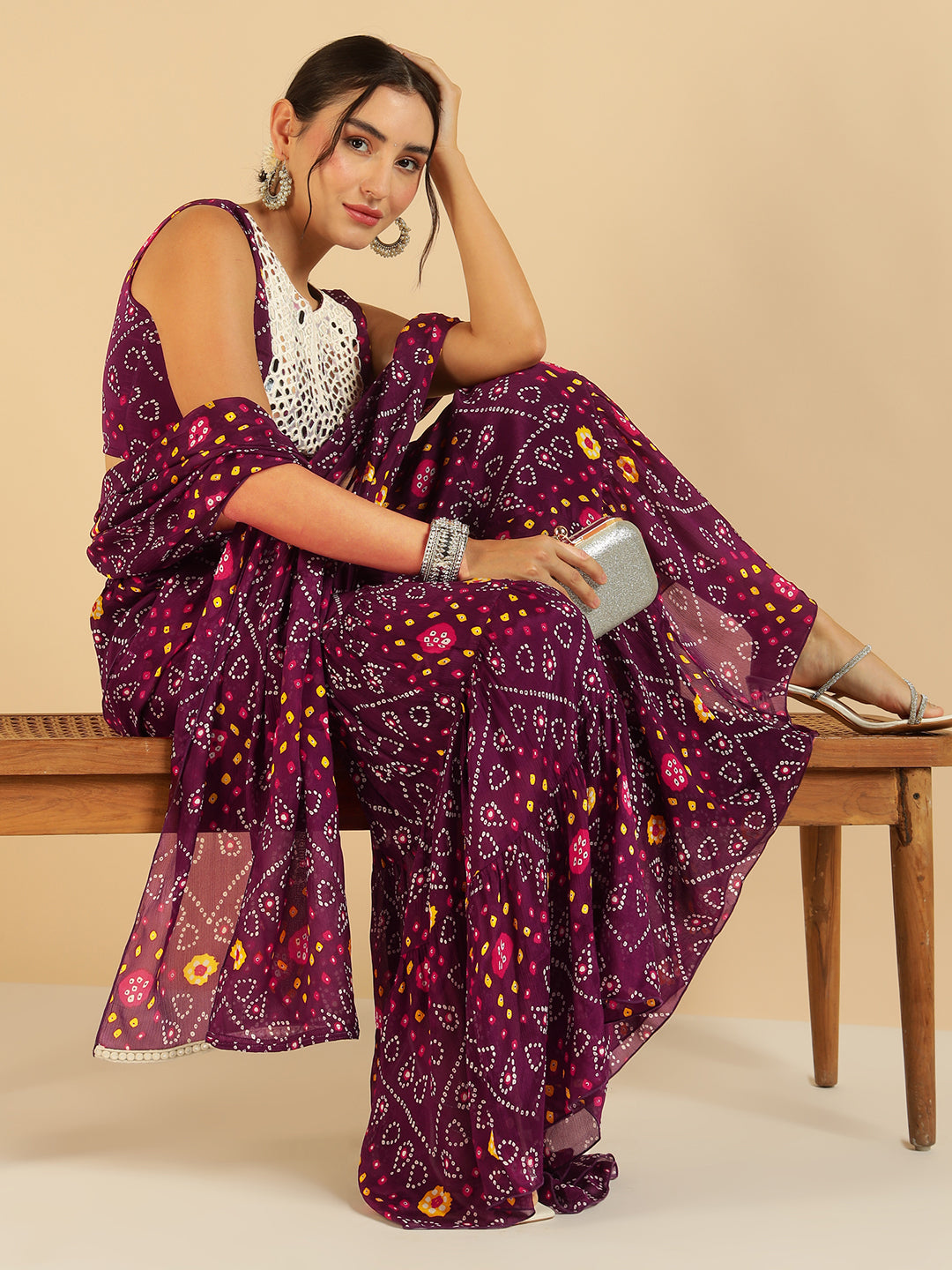 Wine Bandhani Printed Patch Work With Tiered Palazzo Saree Set For Women