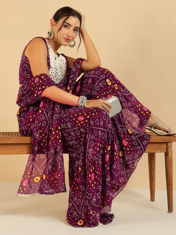 Wine Bandhani Printed Patch Work With Tiered Palazzo Saree Set For Women
