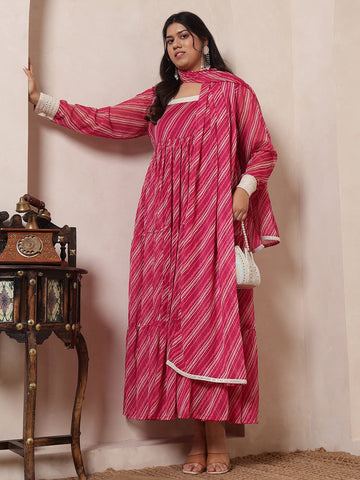 Pink Magenta Laheriya Tiered Ethnic Kurta With Dupatta For Women
