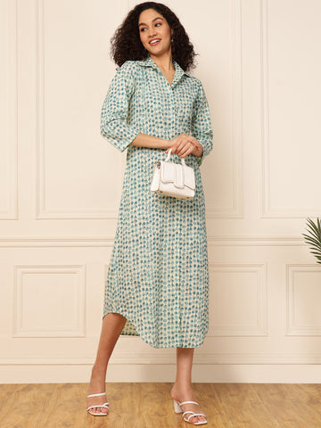 Sea Green Circle Printed Women Shirt Dress