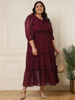 Women's Plus Size WINE DOBBY GEORGETTE TIERED MAXI DRESS