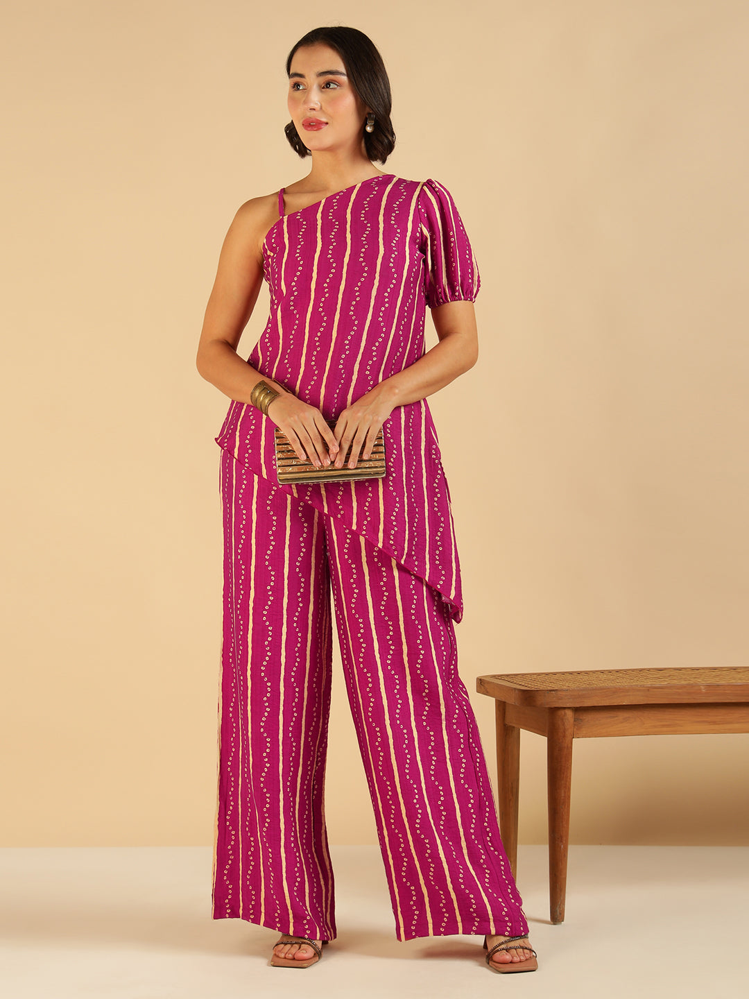 Magenta Bandhani Printed One Shoulder Tunic With Pant Fusion Co-Ord Set