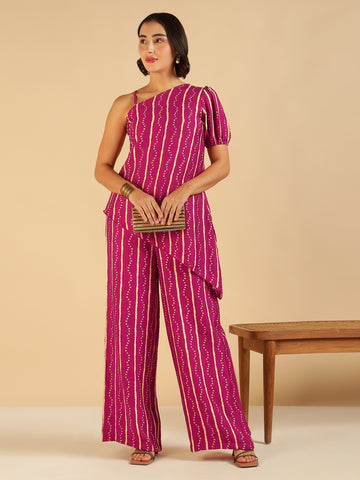 Magenta Bandhani Printed One Shoulder Tunic With Pant Fusion Co-Ord Set