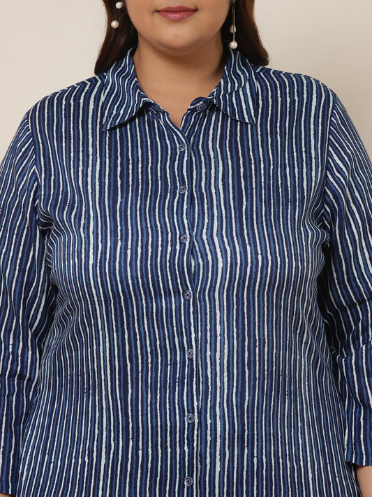 Blue Striped Viscose Rayon Women's Plus Size Shirt Dress