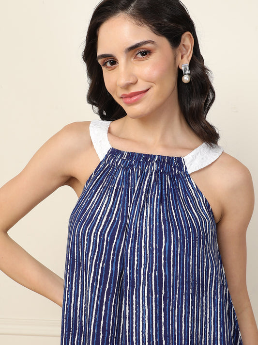 Blue Indigo Striped Halter Neck Tiered Short Women Dress