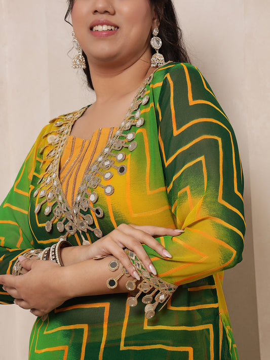 Green Multi Colour Omre Zig-Zag Printed Kurti With Crop Top With Sharara Indo Western Women 3 Piece Set