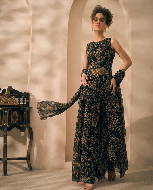 Black Abstract Printed Chiffon Peplum Top With Palazzo & Dupatta Indo Western 3 Piece Women Set