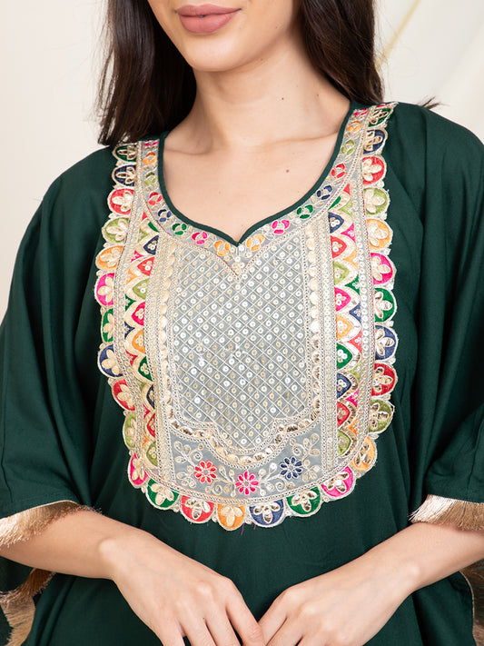 Bottle Green Embroidered Neck Kaftan With Sharara Women Co-Ord Set