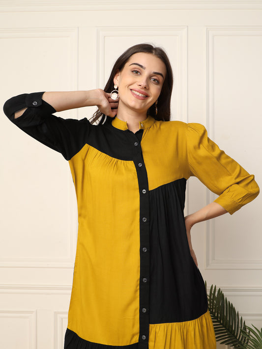 Lemon Yellow With Black Colour Blocked Women Shirt Dress