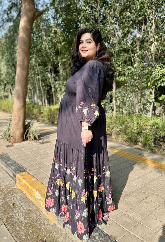 Black Floral Tiered Women Maxi Plus Size Dress