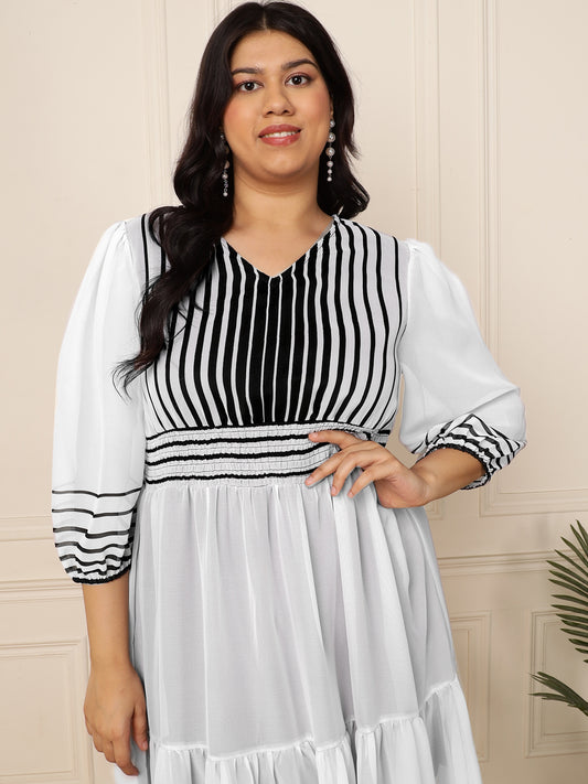 Women's Plus Size White Georgette Stripe Printed Tiered Maxi Dress