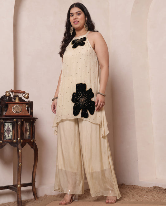Grey Floral Patch Work Embroidered C-Cut Tunic With Palazzo With Dupatta Women Plus Size Indo Western 3 Piece Set