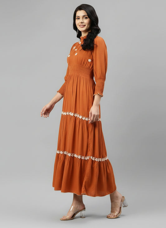 Tan Brown Rayon With White Embroidered Floral Women's Tiered Dress