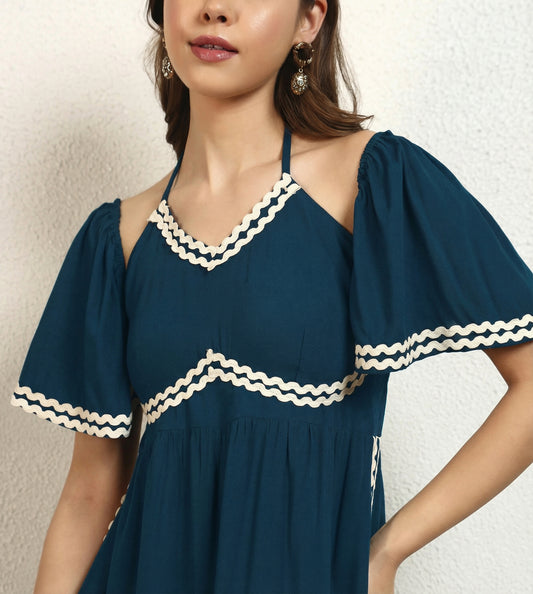 Teal Viscose Rayon Solid A Line Slit Womens Dress