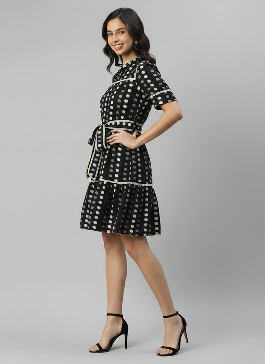 Black Rayon Polka Dots Tiered Women's Dress