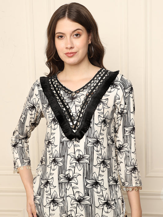 Black Floral Kurti With Sharara Women Coord Set