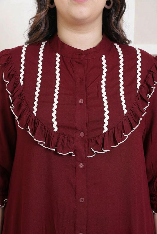 Maroon Solid Rayon Tiered Women's Plus Size Dress