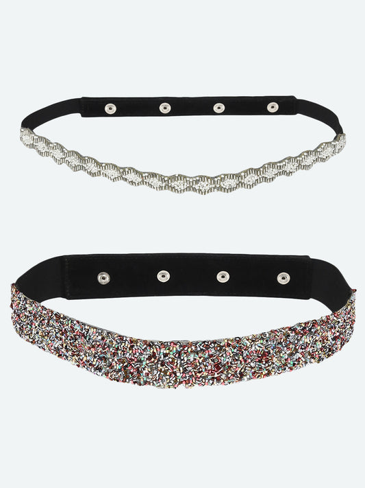 Set Of 2 Women's Silver-Toned Embellished PU Belt