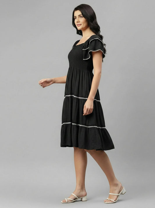 Black Tiered Rayon Women's Dress