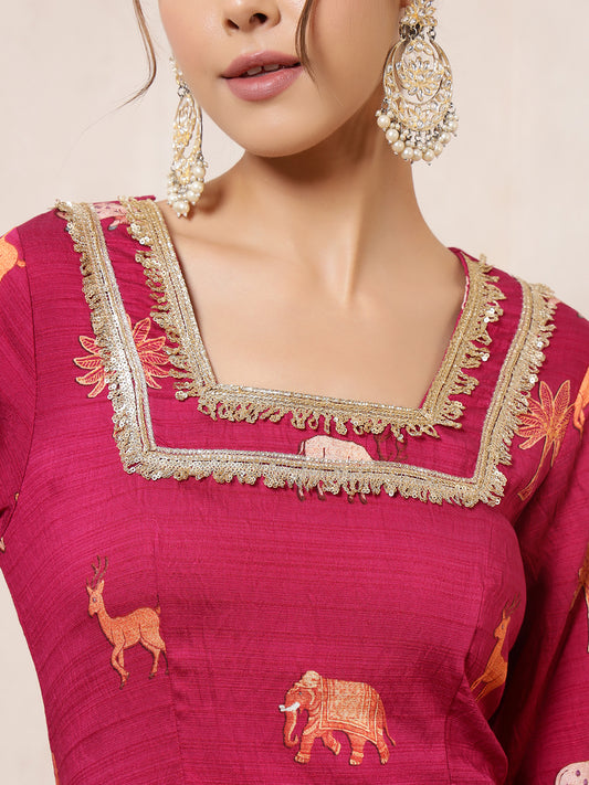 Magenta Animal Printed Kurti With Palazzo Indo Western Women Co-Ord Set