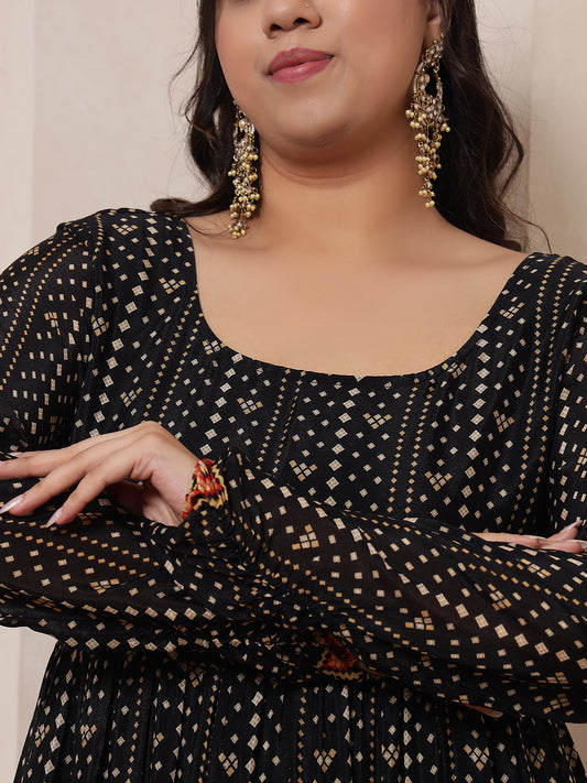 Black Bandhani Printed Tiered Ethnic Maxi Dress For Women