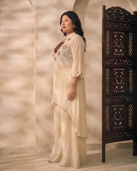 Off White C-Cut Embroidered Kurti With Palazzo With Bustier Women Plus Size Indo Western 3 Piece Set
