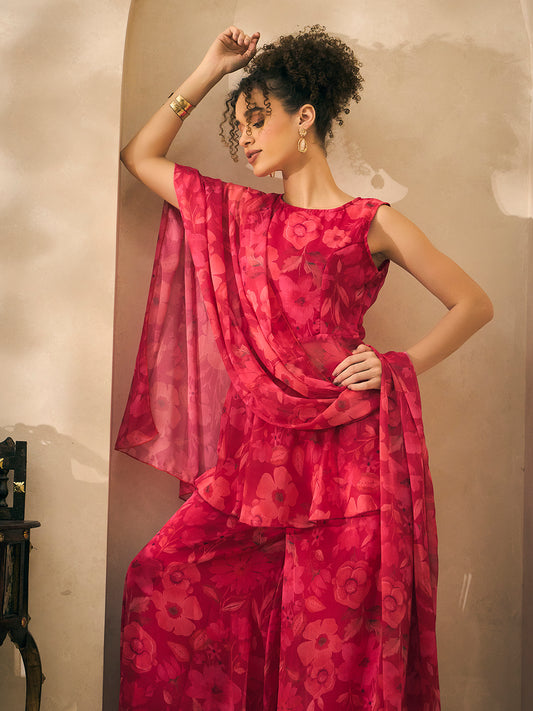 Pink Chiffon Floral Printed Peplum Top With Palazzo And Dupatta Indo Western 3 Piece Women Set